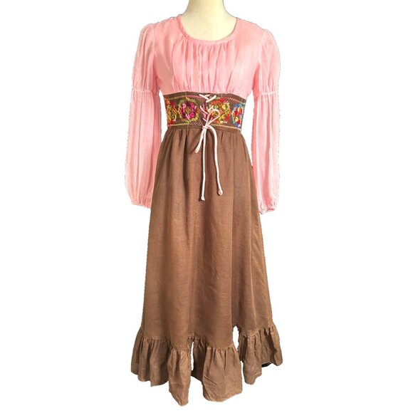 Vintage 70s Romantic Embroidered Garden Hippie Maxi Boho Prairie Maxi Dress - Picture 1 of 8